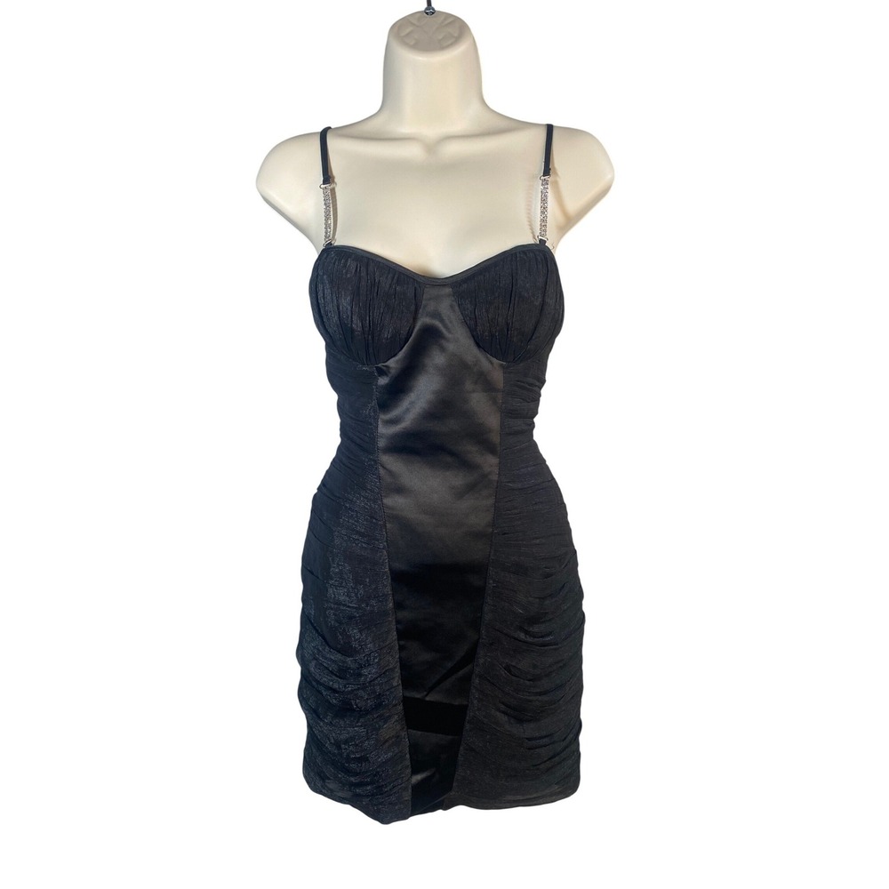 HAN Beauty Boutique Mini Dress Large Rhinestone Ruched Satin Y2k‎ Glam Party